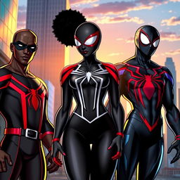 Three distinct black Spider-Man characters standing heroically together in a vibrant urban setting