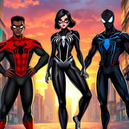Three distinct black Spider-Man characters standing heroically together in a vibrant urban setting
