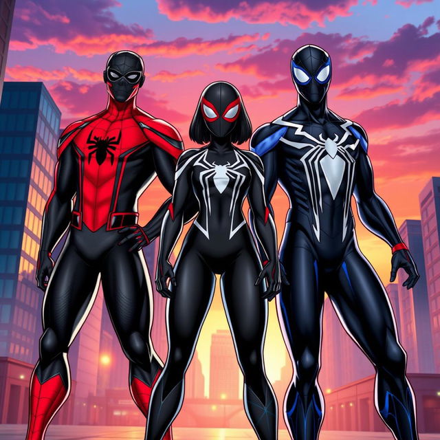 Three distinct black Spider-Man characters standing heroically together in a vibrant urban setting