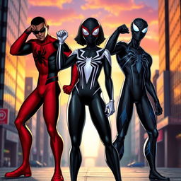 Three distinct black Spider-Man characters standing heroically together in a vibrant urban setting
