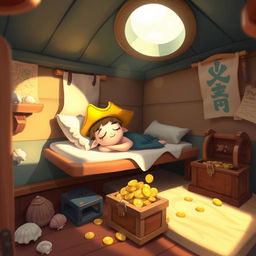 A whimsical, dreamy scene featuring a cartoonish character inspired by a pirate theme, peacefully sleeping on a cozy bunk bed inside a colorful pirate ship cabin