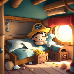 A whimsical, dreamy scene featuring a cartoonish character inspired by a pirate theme, peacefully sleeping on a cozy bunk bed inside a colorful pirate ship cabin