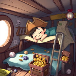 A whimsical, dreamy scene featuring a cartoonish character inspired by a pirate theme, peacefully sleeping on a cozy bunk bed inside a colorful pirate ship cabin