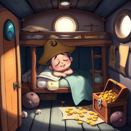 A whimsical, dreamy scene featuring a cartoonish character inspired by a pirate theme, peacefully sleeping on a cozy bunk bed inside a colorful pirate ship cabin