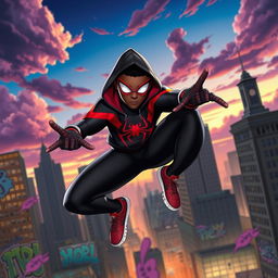 A dynamic and vibrant portrayal of Spider-Man, specifically Miles Morales, in his iconic black and red suited costume