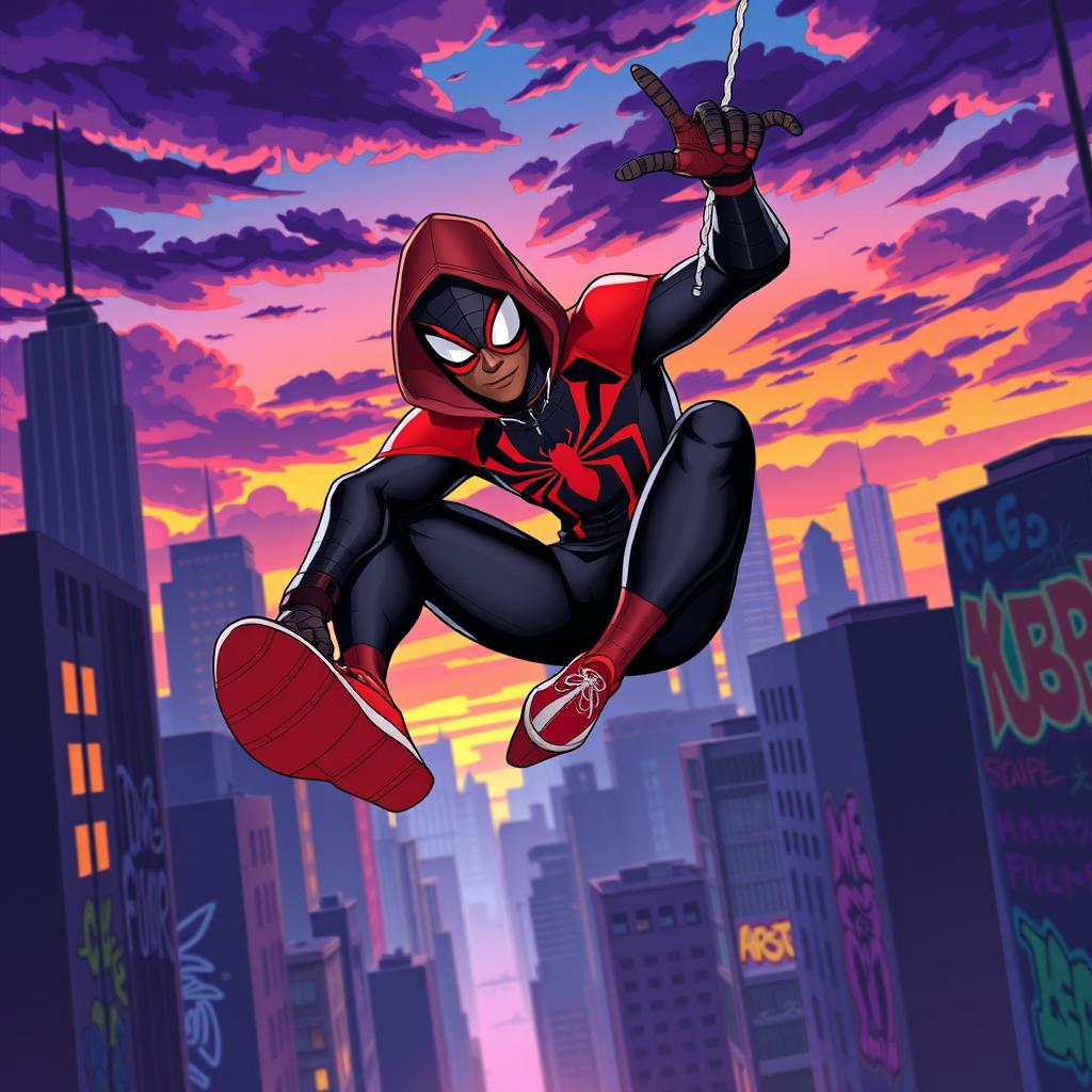 A dynamic and vibrant portrayal of Spider-Man, specifically Miles Morales, in his iconic black and red suited costume