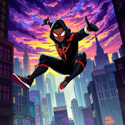 A dynamic and vibrant portrayal of Spider-Man, specifically Miles Morales, in his iconic black and red suited costume