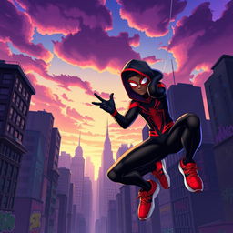 A dynamic and vibrant portrayal of Spider-Man, specifically Miles Morales, in his iconic black and red suited costume