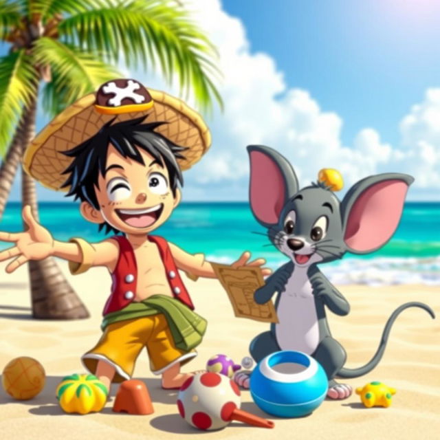 A vibrant and playful scene featuring two beloved cartoon characters: a cheerful pirate boy wearing a straw hat, resembling Luffy, next to a clever and mischievous gray mouse, similar to Jerry