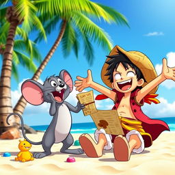 A vibrant and playful scene featuring two beloved cartoon characters: a cheerful pirate boy wearing a straw hat, resembling Luffy, next to a clever and mischievous gray mouse, similar to Jerry