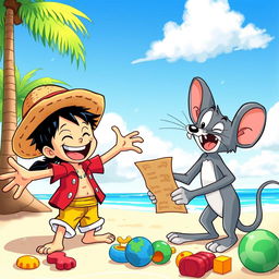 A vibrant and playful scene featuring two beloved cartoon characters: a cheerful pirate boy wearing a straw hat, resembling Luffy, next to a clever and mischievous gray mouse, similar to Jerry