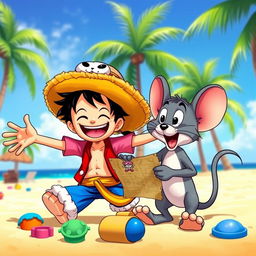 A vibrant and playful scene featuring two beloved cartoon characters: a cheerful pirate boy wearing a straw hat, resembling Luffy, next to a clever and mischievous gray mouse, similar to Jerry