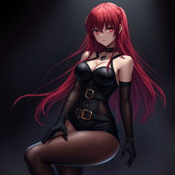 A sexy gothic anime girl with long, flowing red hair, prominently voluptuous, dressed in a sleek black bodysuit featuring stylish belts and chains that add an edgy flair