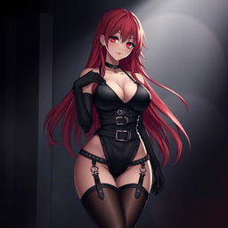 A sexy gothic anime girl with long, flowing red hair, prominently voluptuous, dressed in a sleek black bodysuit featuring stylish belts and chains that add an edgy flair