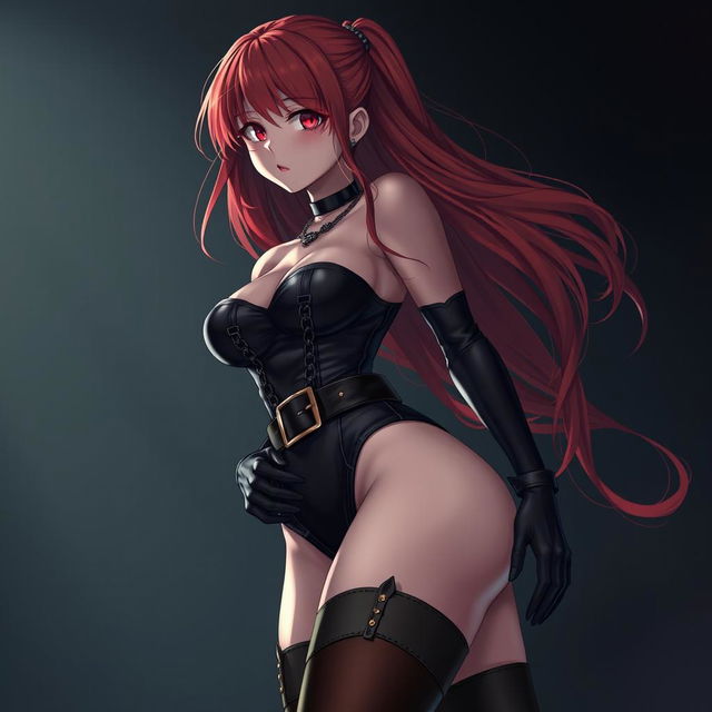 A sexy gothic anime girl with long, flowing red hair, prominently voluptuous, dressed in a sleek black bodysuit featuring stylish belts and chains that add an edgy flair