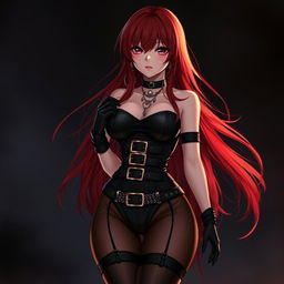 A sexy gothic anime girl with long, flowing red hair, prominently voluptuous, dressed in a sleek black bodysuit featuring stylish belts and chains that add an edgy flair