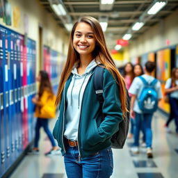 A teenage girl with tan skin and long brown hair, smiling and standing confidently in a high school hallway