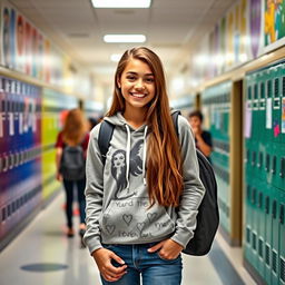 A teenage girl with tan skin and long brown hair, smiling and standing confidently in a high school hallway