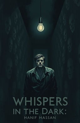 A tense and eerie illustration for the psychological horror book titled "Whispers in the Dark" by Hanif Hassan