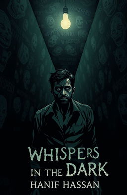 A tense and eerie illustration for the psychological horror book titled "Whispers in the Dark" by Hanif Hassan