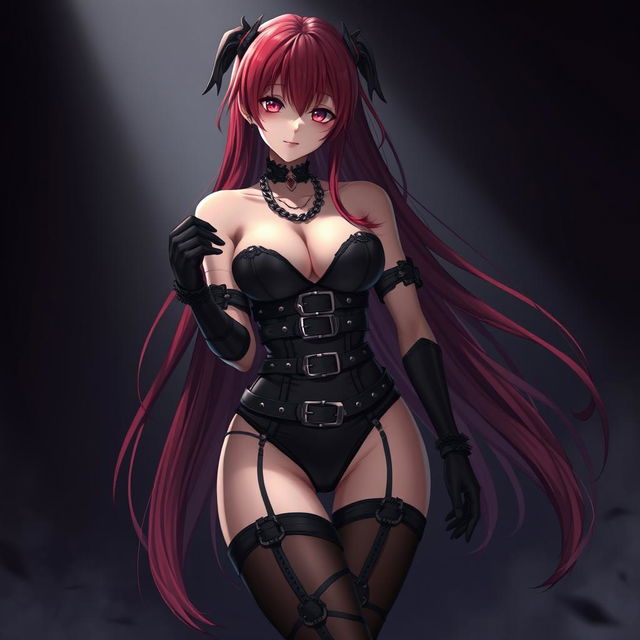 A captivating sexy gothic anime girl with long, dramatic red hair and voluptuous curves, dressed in a daring black bodysuit that features a multitude of belts and chains, giving it an edgy vibe