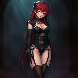 A captivating sexy gothic anime girl with long, dramatic red hair and voluptuous curves, dressed in a daring black bodysuit that features a multitude of belts and chains, giving it an edgy vibe