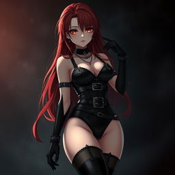 A captivating sexy gothic anime girl with long, dramatic red hair and voluptuous curves, dressed in a daring black bodysuit that features a multitude of belts and chains, giving it an edgy vibe