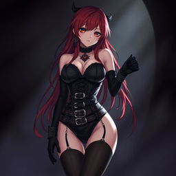 A captivating sexy gothic anime girl with long, dramatic red hair and voluptuous curves, dressed in a daring black bodysuit that features a multitude of belts and chains, giving it an edgy vibe