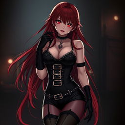 A sexy gothic anime girl with long, flowing red hair and voluptuous figure, clad in a form-fitting black bodysuit embellished with belts and chains that accentuate her curves