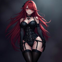 A sexy gothic anime girl with long, flowing red hair and voluptuous figure, clad in a form-fitting black bodysuit embellished with belts and chains that accentuate her curves