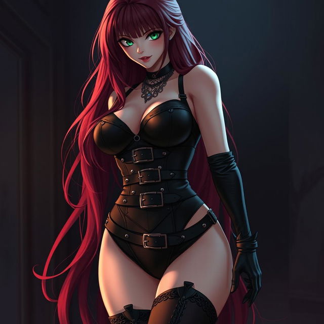 A sexy gothic anime girl with long, flowing red hair and voluptuous figure, clad in a form-fitting black bodysuit embellished with belts and chains that accentuate her curves