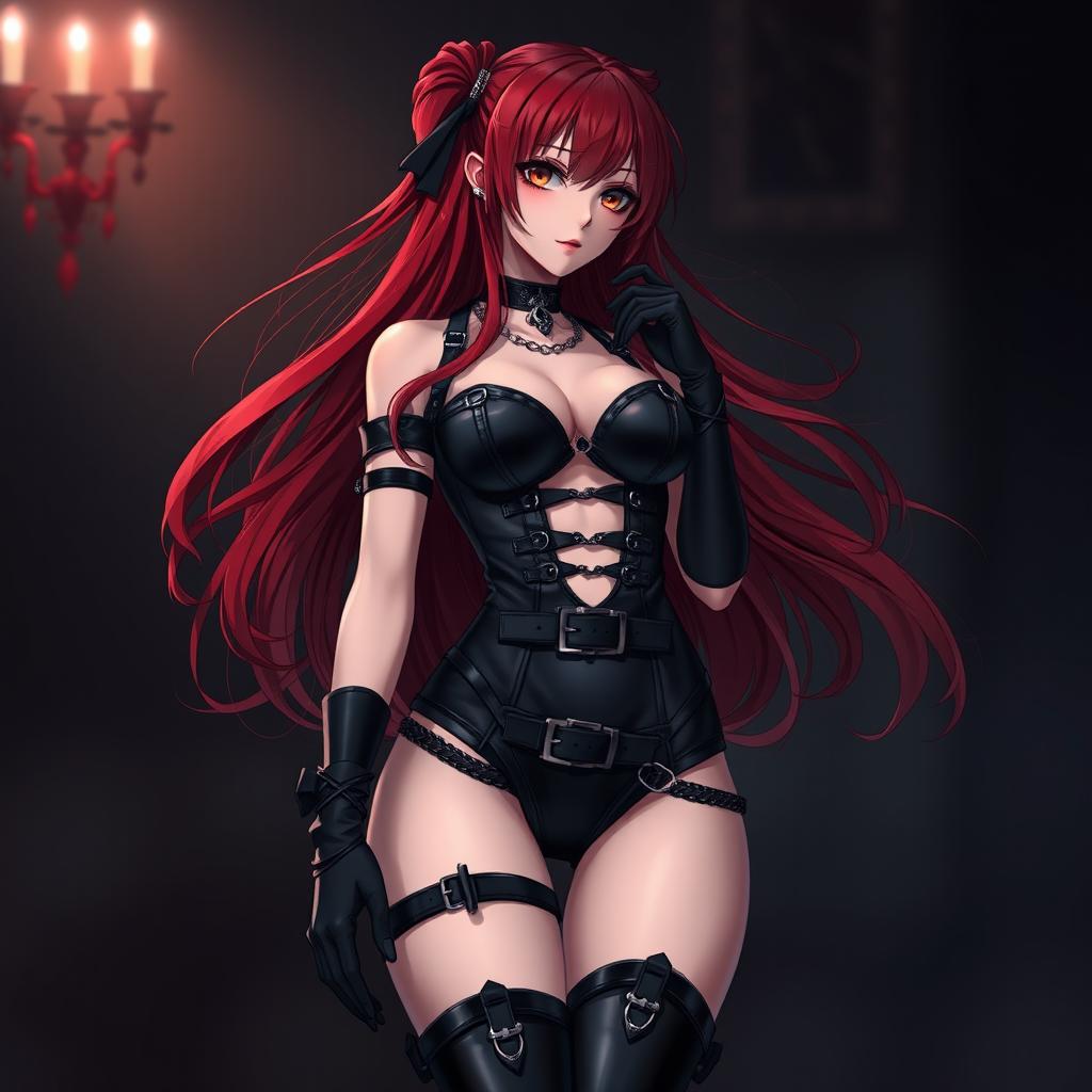 A sexy gothic anime girl with long, flowing red hair and voluptuous figure, clad in a form-fitting black bodysuit embellished with belts and chains that accentuate her curves