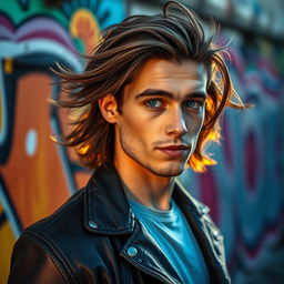 A striking portrait of a young man with long flowing hair, wearing a stylish leather jacket