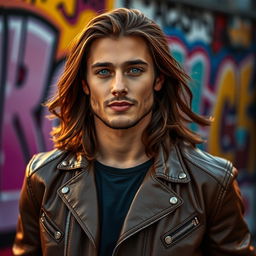 A striking portrait of a young man with long flowing hair, wearing a stylish leather jacket