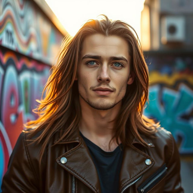 A striking portrait of a young man with long flowing hair, wearing a stylish leather jacket