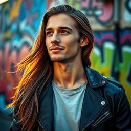 A striking portrait of a young man with long flowing hair, wearing a stylish leather jacket