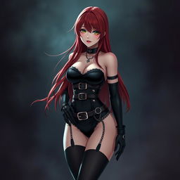 A strikingly sexy gothic anime girl with long, flowing red hair and a voluptuous figure, sleekly dressed in a form-fitting black bodysuit adorned with multiple belts and chains that accentuate her curves