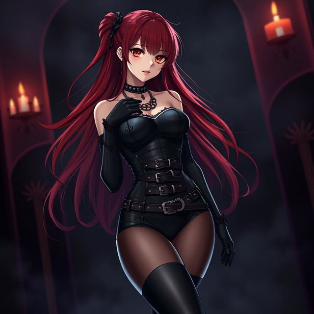 A strikingly sexy gothic anime girl with long, flowing red hair and a voluptuous figure, sleekly dressed in a form-fitting black bodysuit adorned with multiple belts and chains that accentuate her curves