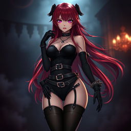 A strikingly sexy gothic anime girl with long, flowing red hair and a voluptuous figure, sleekly dressed in a form-fitting black bodysuit adorned with multiple belts and chains that accentuate her curves