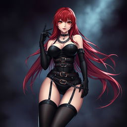 A strikingly sexy gothic anime girl with long, flowing red hair and a voluptuous figure, sleekly dressed in a form-fitting black bodysuit adorned with multiple belts and chains that accentuate her curves