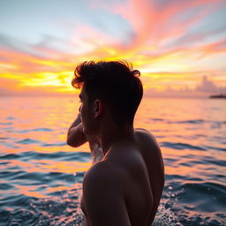 A scenic sunset on a beautiful beach, with vibrant orange and pink hues in the sky reflecting on the calm water