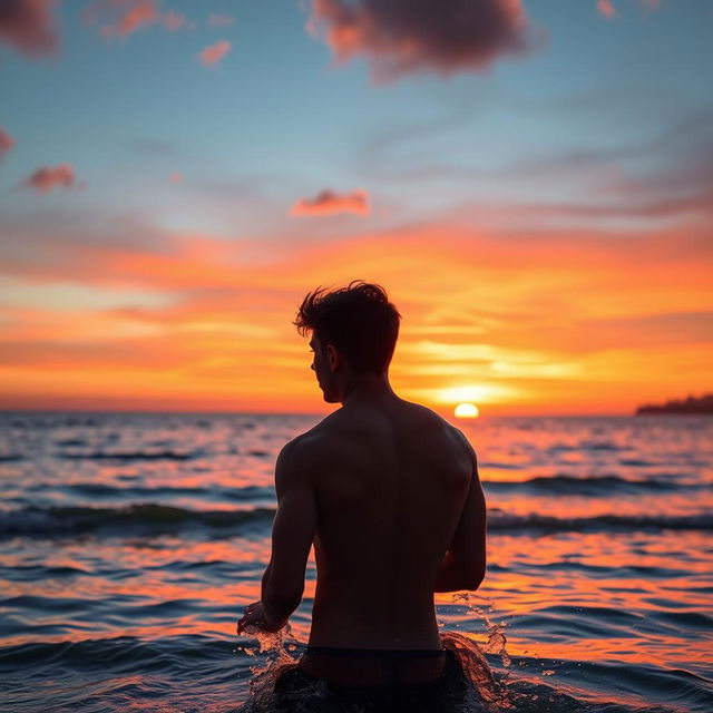 A scenic sunset on a beautiful beach, with vibrant orange and pink hues in the sky reflecting on the calm water