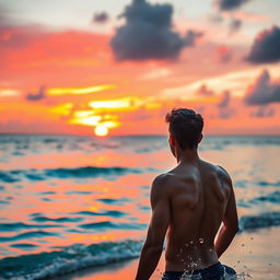 A scenic sunset on a beautiful beach, with vibrant orange and pink hues in the sky reflecting on the calm water