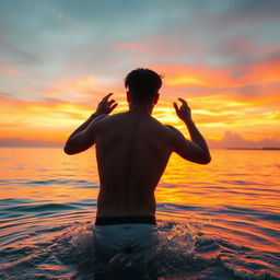 A scenic sunset on a beautiful beach, with vibrant orange and pink hues in the sky reflecting on the calm water