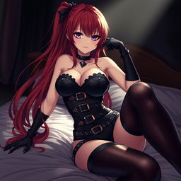 A sultry gothic anime girl with long, flowing red hair and voluptuous curves, pinning you playfully on a bed