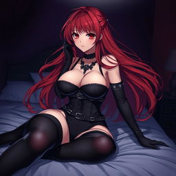 A sultry gothic anime girl with long, flowing red hair and voluptuous curves, pinning you playfully on a bed