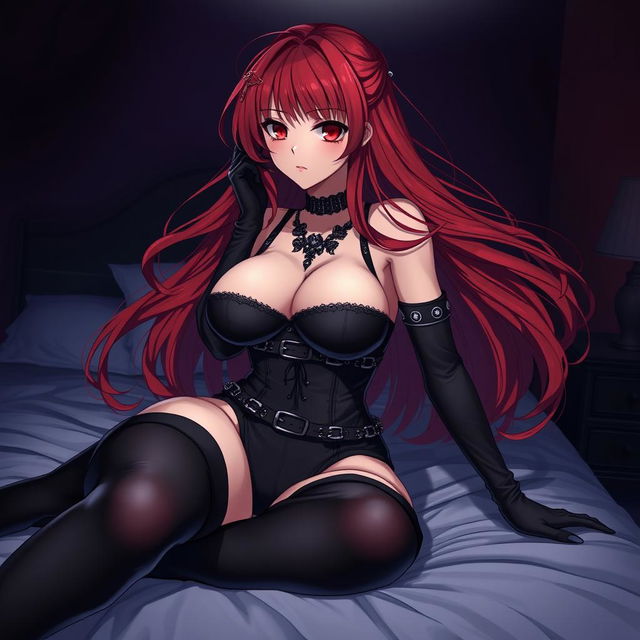 A sultry gothic anime girl with long, flowing red hair and voluptuous curves, pinning you playfully on a bed