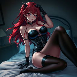 A sultry gothic anime girl with long, flowing red hair and voluptuous curves, pinning you playfully on a bed