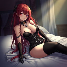 A sultry gothic anime girl with long, flowing red hair and voluptuous curves, pinning you playfully on a bed