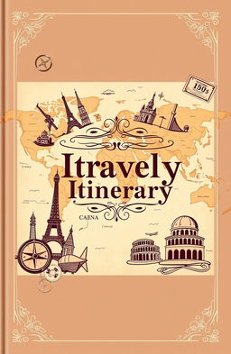 An elegant travel itinerary book cover design featuring a stylish layout, with a vintage world map in the background